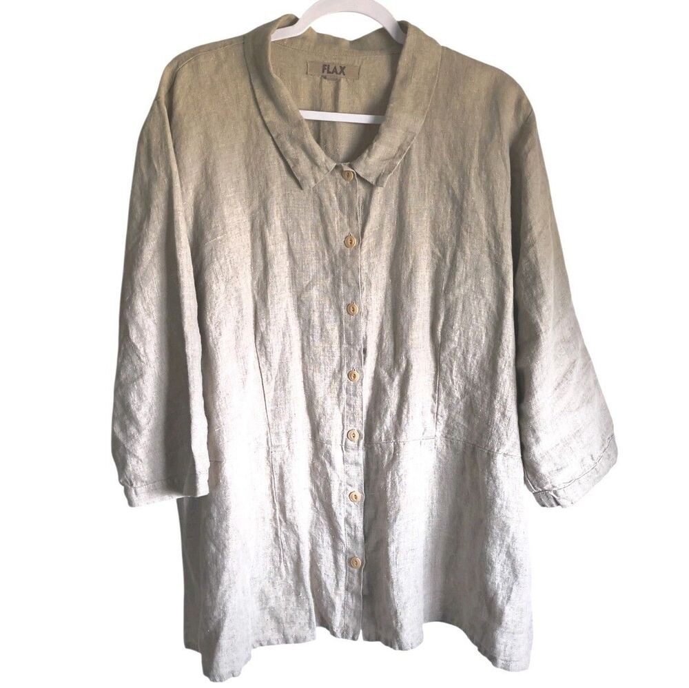 FLAX Linen Tan Button Shirt 3/4 Sleeve Lagenlook Minimalist Coastal 2G 22-24